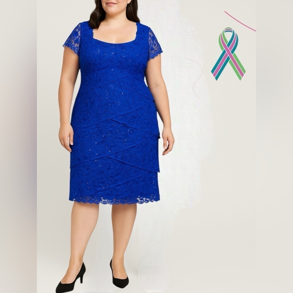 NWT Marina Blue Sequin Embroidered Lace Tiered Sheath Dress Square Neck Sz 12
